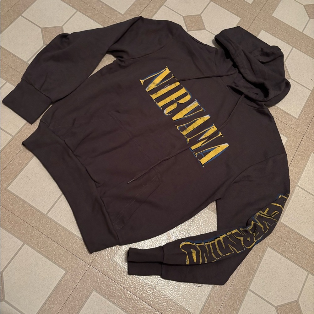 NEW Nirvana Nevermind Dark Grey Hoodie with Yellow Logo